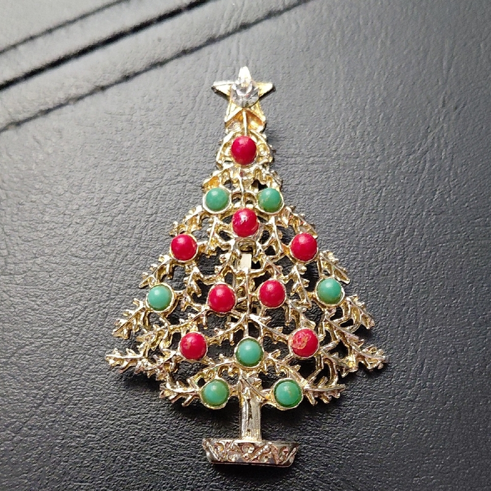 Gold Christmas Tree Brooch with Red and Green Accents